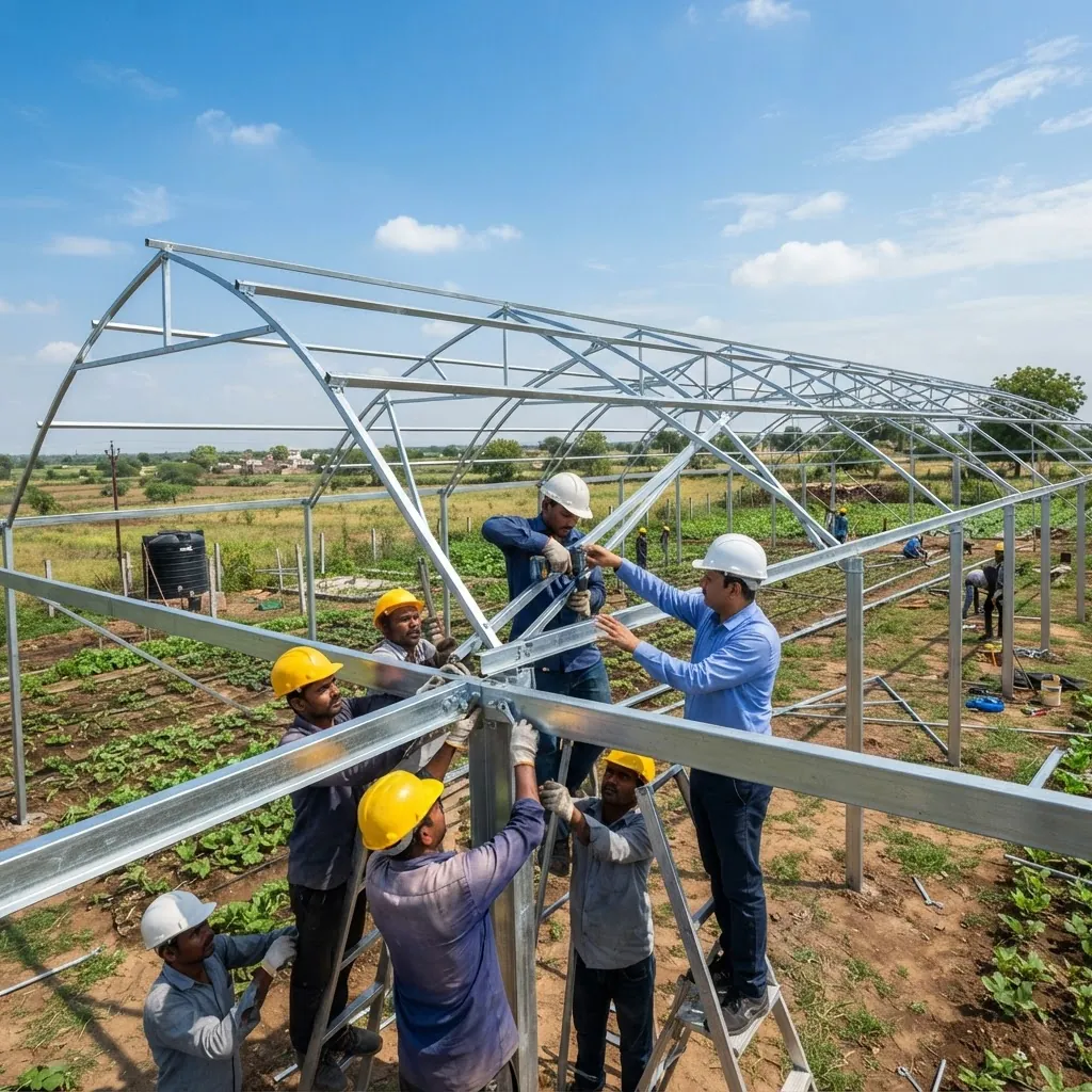 Agri Twist technicians installing a galvanized steel poly house structure