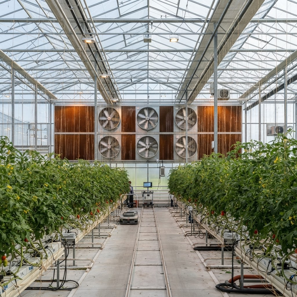Fan and pad climate-controlled poly house with exhaust fans and cooling pads
