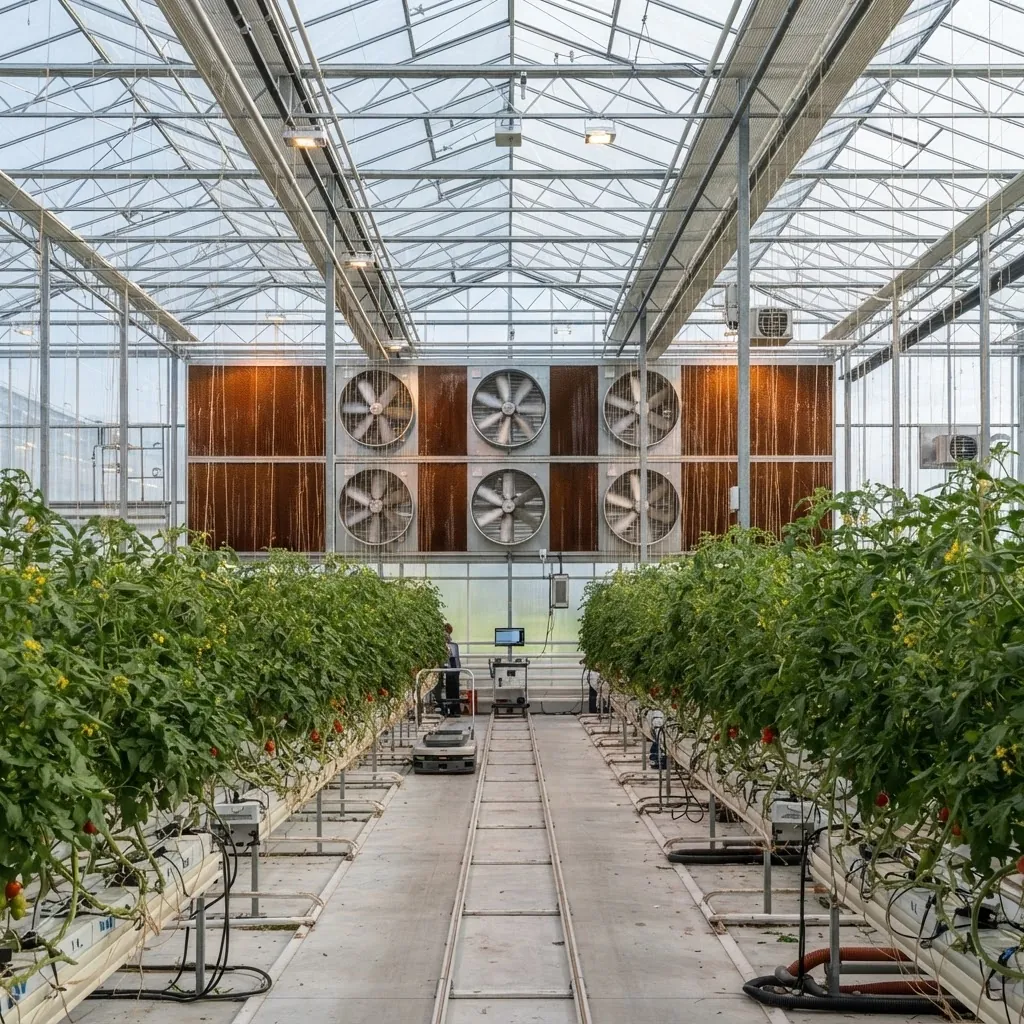 Fan and pad climate-controlled poly house with exhaust fans and cooling pads