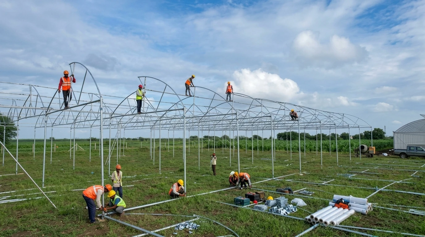 Agri Twist technicians installing a greenhouse poly house structure
