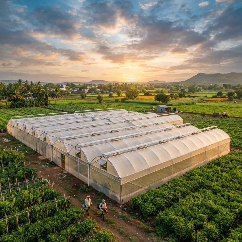 Modern poly house greenhouses on an Indian farm at golden hour