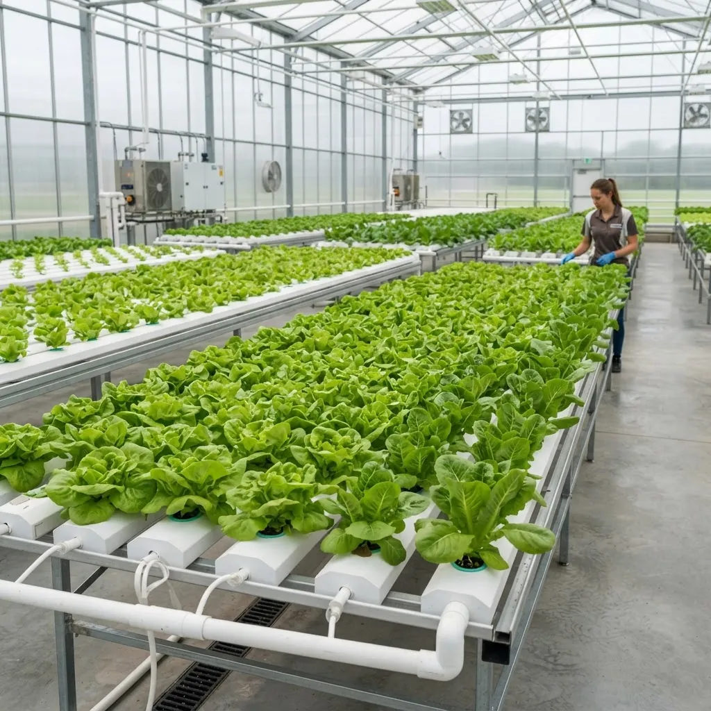 Hydroponic NFT channels growing lettuce inside a climate-controlled greenhouse