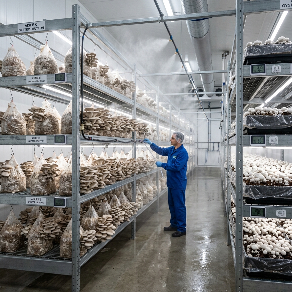 Controlled environment mushroom house with shelves growing mushrooms