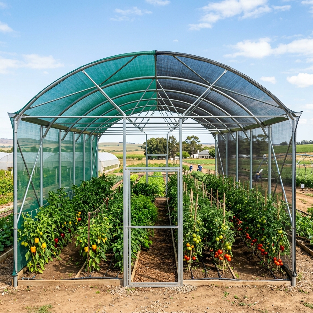 Shade net house structure protecting crops from harsh sunlight