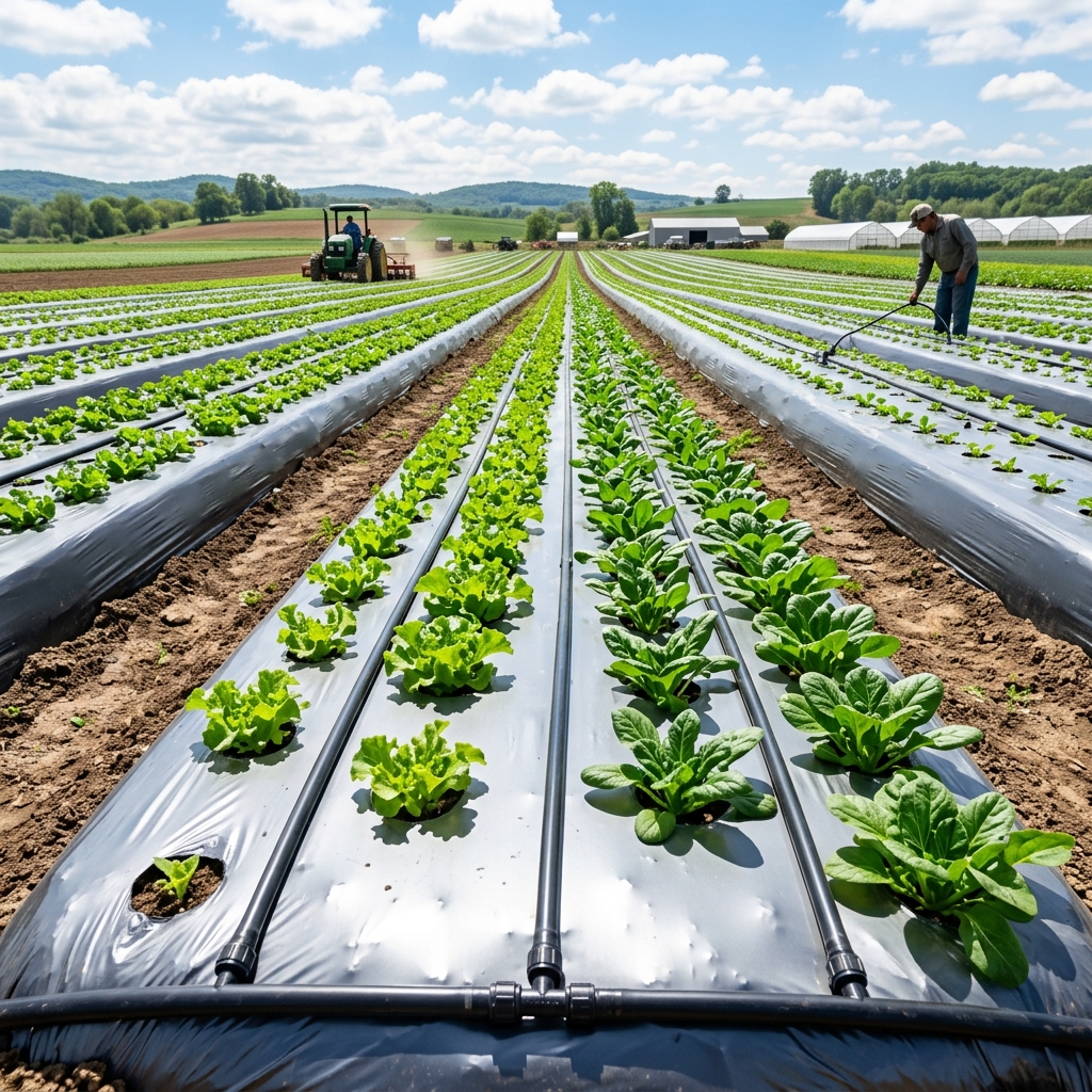 Open field rows with silver-black mulch film and drip irrigation lines